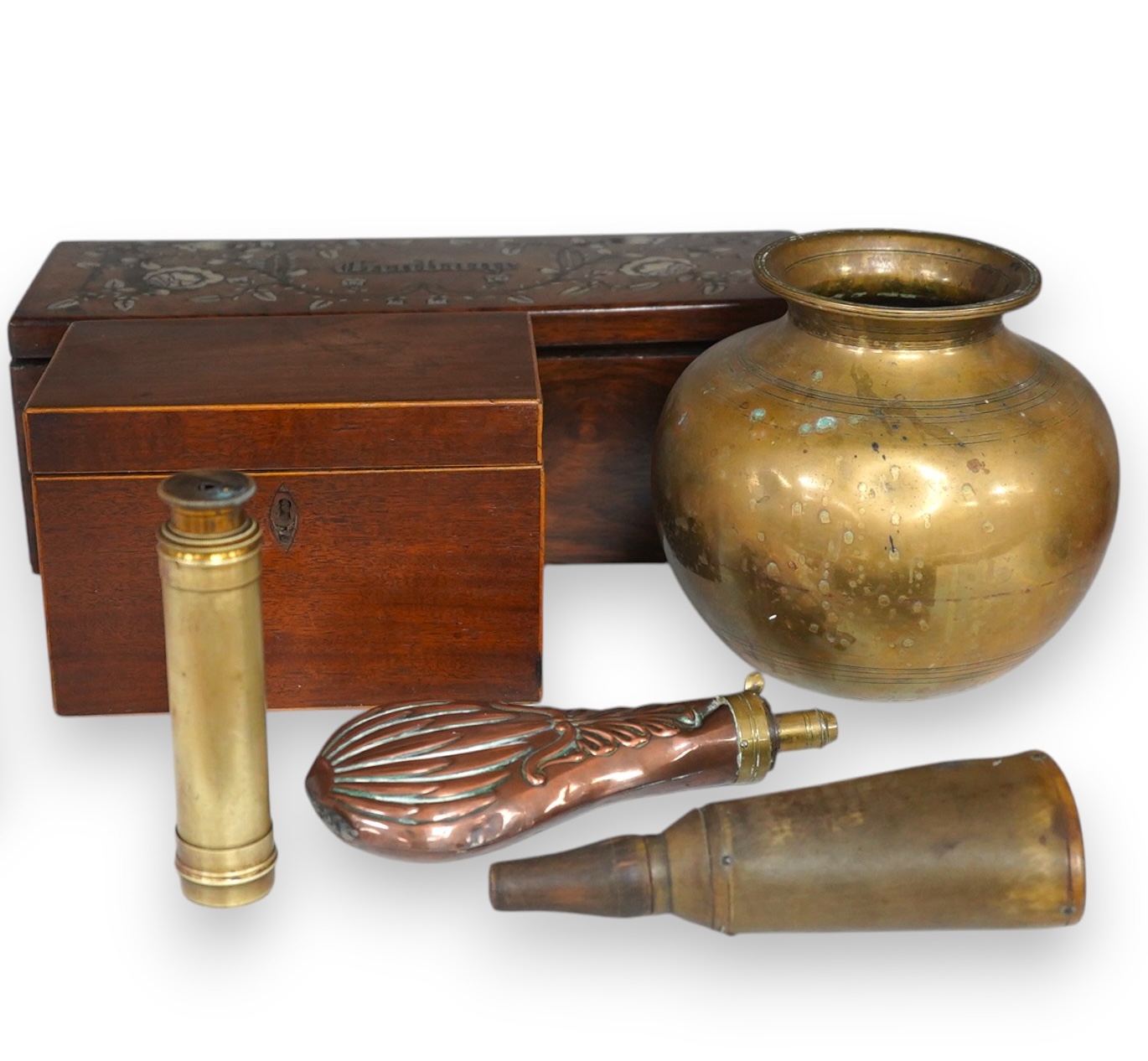 A 19th century inlaid rosewood 'Grabuge' box, a tea caddy, two shot flasks, telescope and brass bowl, largest 34cm wide. Condition - mostly fair